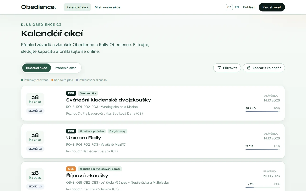 Screenshot webu akce.obedience.cz — Obedience Akce