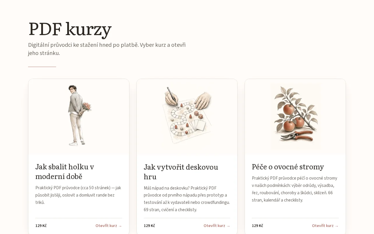 Screenshot webu pdf-kurzy.cz — PDF kurzy